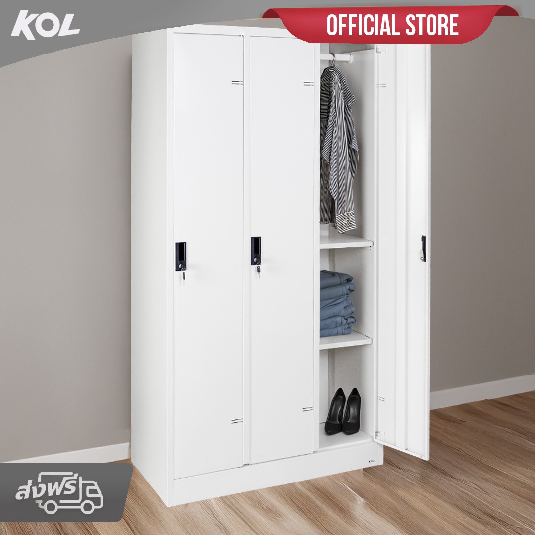 KOL 3-Door Locker Cabinet with 1 Clothes Hanging Rod, 2 Shelves, and Individual Door Locks