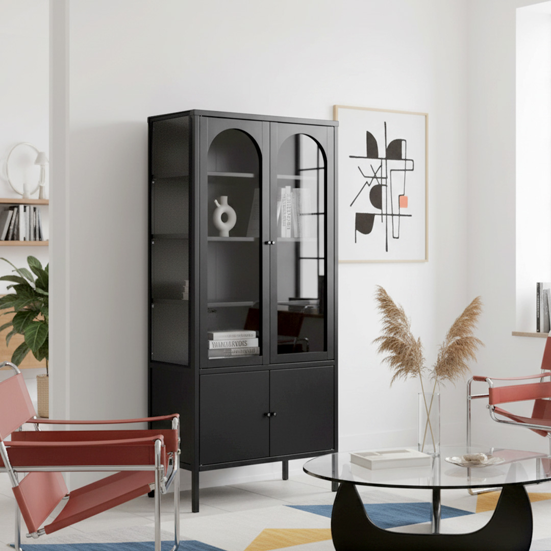 Sleek 4-Tier Tall Display Cabinet with 1 Bottom Compartment and 3-Sided Curved Clear Glass