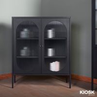 Sleek Medium-Sized 3-Tier Display Cabinet with 3-Sided Curved Wave Glass and 20 cm High Legs